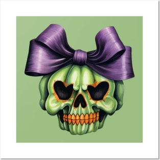 Cute Halloween green Skull with big bow Posters and Art